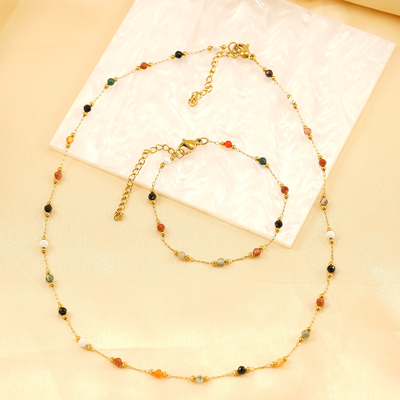 2pcs Set Colored Stone Necklace & Bracelet Set, Stainless Steel